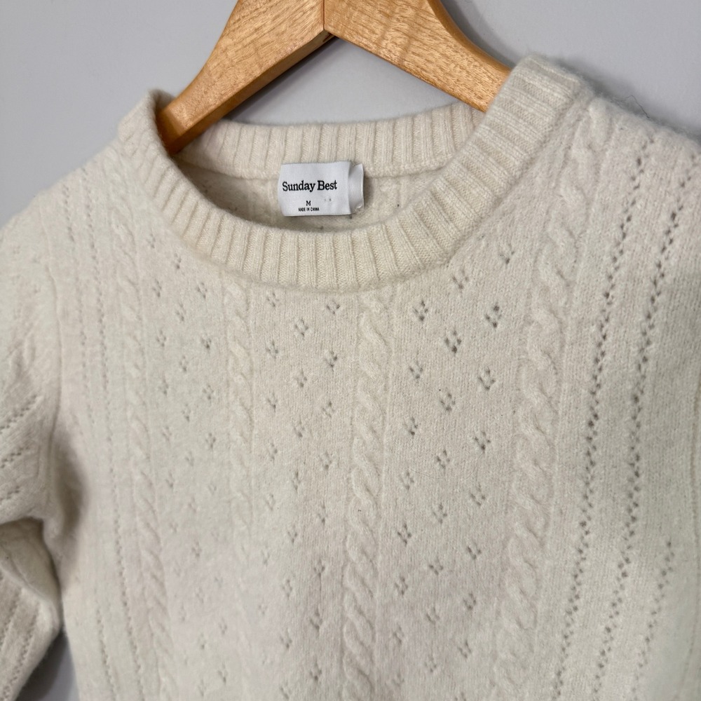 Aritzia Sunday Best Wool Blend Cable Knit Pointelle Sweater Cream White Medium